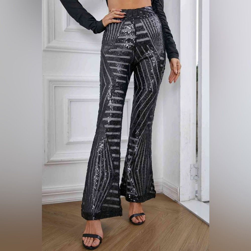 Crystal Sky Black Sequin flare Leg Pants NWT party festive holiday statement M‎
